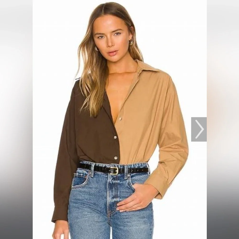 DONNI. Two-Tone Button Down Shirt in Brown and Tan - Picture 5 of 6